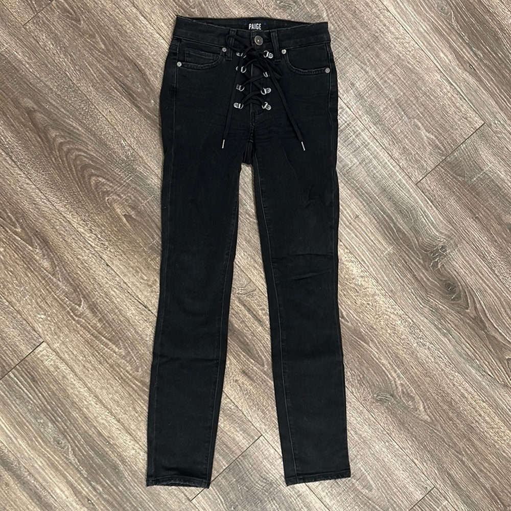 PAIGE DENIM - black skinny with zipper and ties